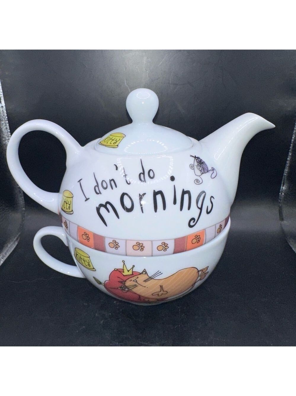 NWOB Creative Tops Tea For One Kitty I Dont Do Mornings Stacked Teapot Cup